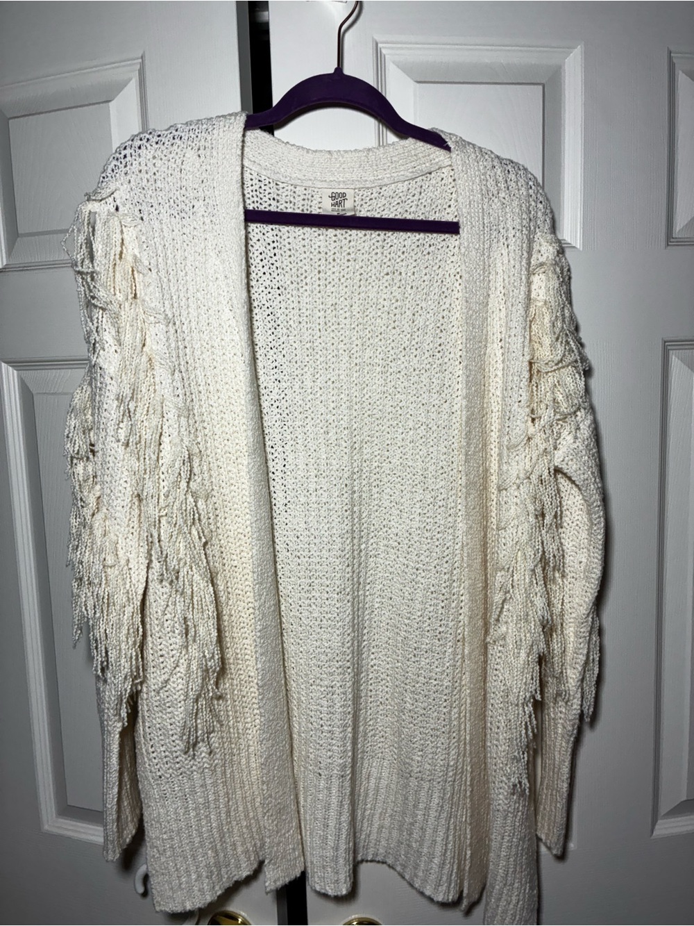 Good Hart Matilda Jane Women's Cream Open-Front Fringe Knit Cardigan Sweater